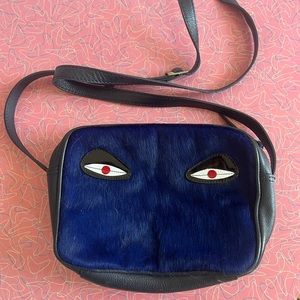 Min & Mon Purse - Blue leather and faux fur with eyes